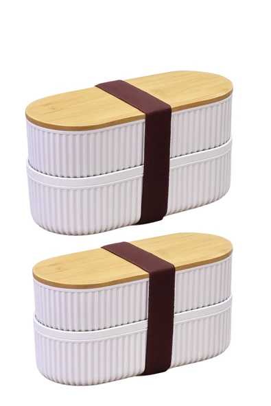 MAKRİ HOME 2 adet 2'li Bambu Kapaklı Saklama ve Beslenme Kutusu – 2 Katlı, 20 x 9 x 5,5 cm ürün görseli 1