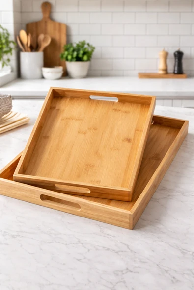 MAKRİ HOME %100 Bambu 2’li Tepsi Seti, Büyük Tepsi: 38 x 27 x 3 cm, Küçük Tepsi: 35 x 23 x 3 cm ürün görseli 1