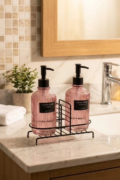 MAKRİ HOME Modern Çizgili Yuvarlak Cam Ikili Sıvı Sabunluk & Deterjanlık Seti, Pembe- 500 Ml Cam Sabunluk ürün görseli 1