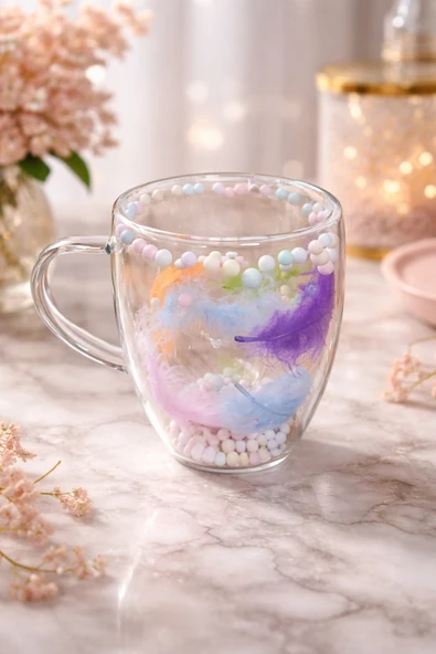 MAKRİ HOME Boncuklu Tüylü Çift Cidarlı Cam Kupa, 350 ml, 11 cm x 8 cm ürün görseli 1