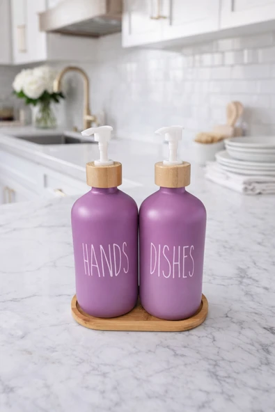 MAKRİ HOME Bambu Altlıklı Bambu Kapaklı İkili Cam Sıvı Sabunluk & Deterjanlık Seti – 2×500 ML- 16,5 x 9 x 21 cm ürün görseli 1