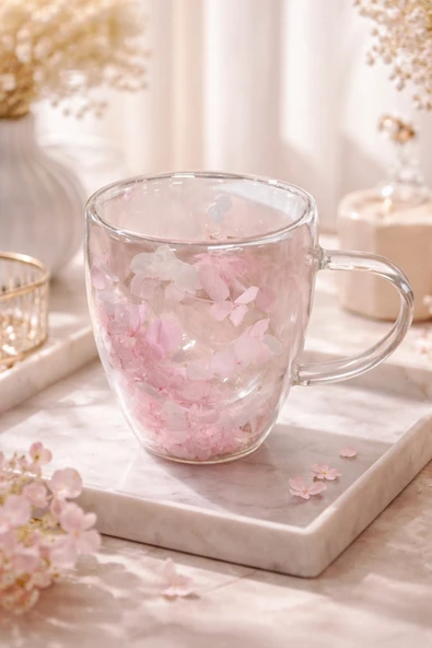 MAKRİ HOME Pembe Beyaz Çiçekli Çift Cidarlı Cam Kupa, 350 ml, 11 cm x 8 cm ürün görseli 1