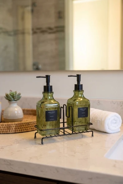 MAKRİ HOME Modern Çizgili Desenli Cam Ikili Sıvı Sabunluk & Deterjanlık Seti, Yeşil- 500 Ml Cam Sabunluk ürün görseli 1