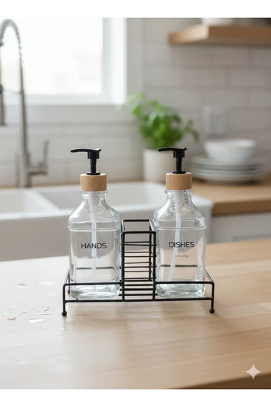 MAKRİ HOME Stantlı Bambu Kapaklı İkili Cam Sıvı Sabunluk & Deterjanlık Seti – 2×500 ml, 22,5 × 8,5 × 24 cm ürün görseli 1