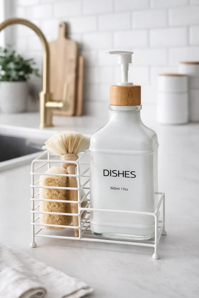 MAKRİ HOME Metal Stantlı Bambu Kapaklı Cam Sıvı Sabunluk/Deterjanlık, 500 ml, 15 × 8,5 × 23 cm ürün görseli 1