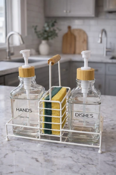 MAKRİ HOME Lüks Stantlı Bambu Kapaklı İkili Cam Sıvı Sabunluk & Deterjanlık Seti – 2×500 ml, 22,5 × 8,5 × 24 cm ürün görseli 1