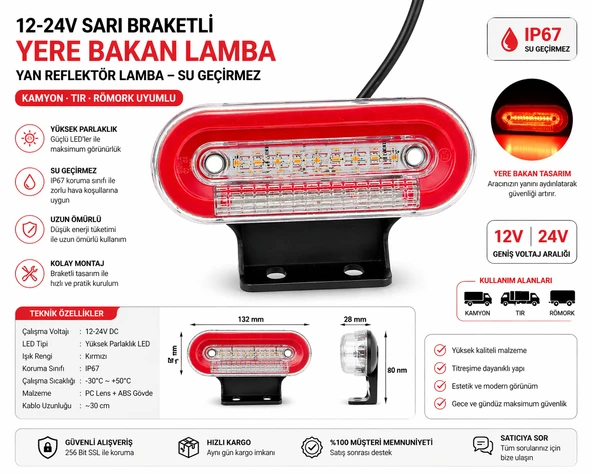 Mega Oto Market 12-24V Braketli Kırmızı Beyaz Yere Bakan Lamba Yan Reflektör Lamba – Su Geçirmez Kamyon Tır Römork Uyumlu 1 Adet ürün görseli 1