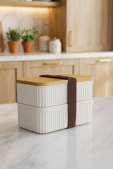MAKRİ HOME Bambu Kapaklı 2'li Saklama Kabı Seti – 0,5+0,5 Litre – Üst Üste Konabilir – 15x9x10 cm ürün görseli 1