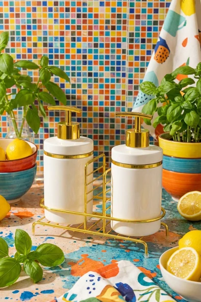 MAKRİ HOME 2'li Sıvı Sabunluk Seti, Süngerlikli ve Stantlı, Beyaz Altın ürün görseli 1