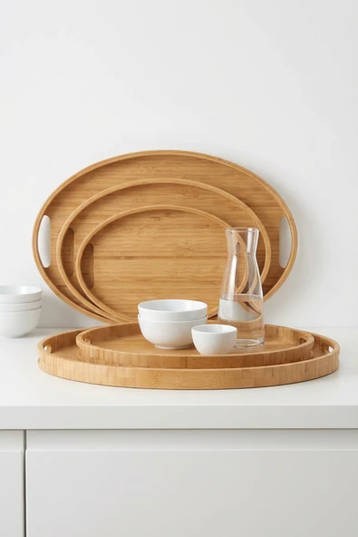 MAKRİ HOME Bambu Oval 3'lü Tepsi Seti. Küçük Tepsi: 20x29 cm. Orta Tepsi: 26x36 cm. Büyük Tepsi: 31x45 cm ürün görseli 1