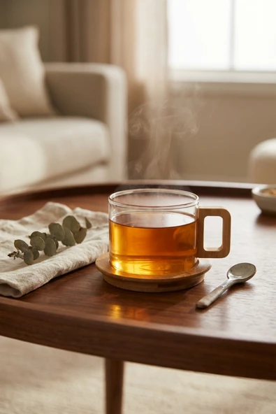 MAKRİ HOME Bambu Kulplu ve Altlıklı Cam Kupa 200 ml – Borosilikat Cam ürün görseli 1