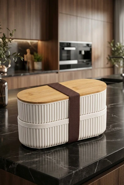 MAKRİ HOME 2'li Bambu Kapaklı Saklama ve Beslenme Kutusu – 2 Katlı, 20 x 9 x 5,5 cm ürün görseli 1