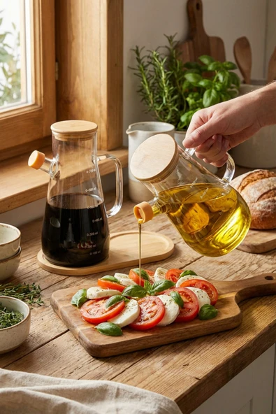 MAKRİ HOME 2'li 900 ml Bambu Kapaklı ve Altlıklı Borosilikat Cam Yağdanlık, Isıya Dayanıklı, Yağ/Sirke/Sosluk ürün görseli 1