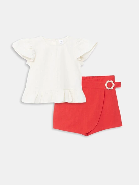 LCW Kids EKRU Bisiklet Yaka Basic Kız Çocuk Bluz ve Şort Etek 2'li Takım ürün görseli 1