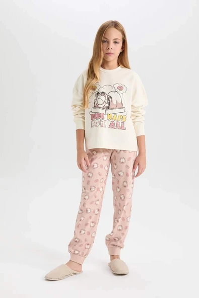 D6061 Kız Çocuk Garfield Sweatshirt Üst Desenli Beli Lastikli Uzun Alt Pijama Takım ürün görseli 1