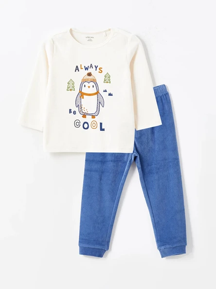 LCW baby Bej Bisiklet Yaka Kadife Erkek Bebek Pijama Takımı ürün görseli 1