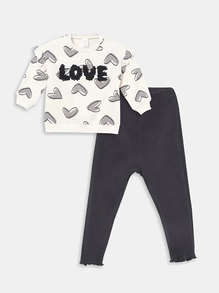 LCW baby Ekru Bisiklet Yaka Baskılı Kız Bebek Sweatshirt ve Tayt 2'li ürün görseli 1