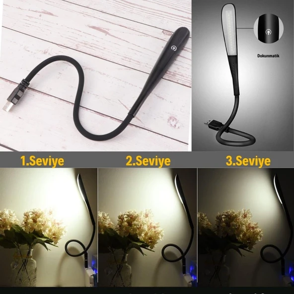 Kompakt USB Siyah 14 Ledli 3 Kademeli Dokunmatik Okuma Lambası ürün görseli 1