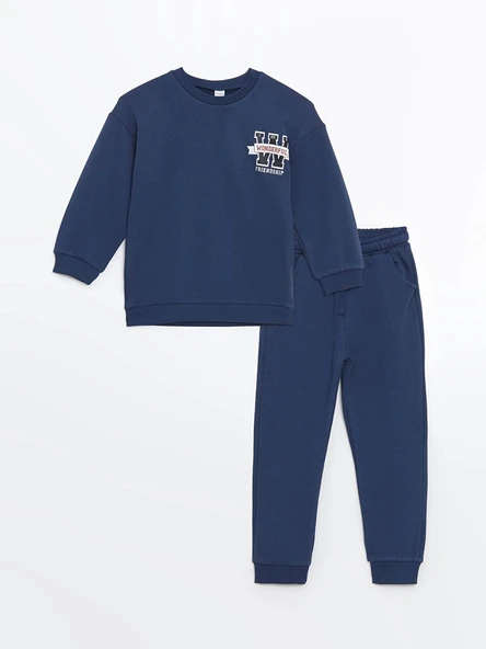 LCW Kids İndigo Bisiklet Yaka Erkek Çocuk Sweatshirt ve Eşofman Alt 2'li ürün görseli 1
