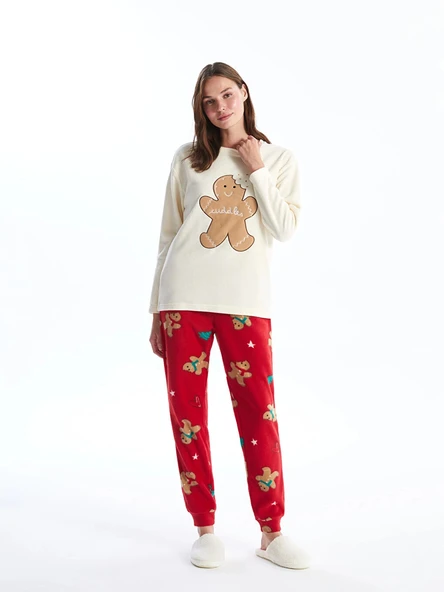 LCW Young Kırmızı Bisiklet Yaka Yılbaşı Temalı Kadın Pijama Takımı ürün görseli 1