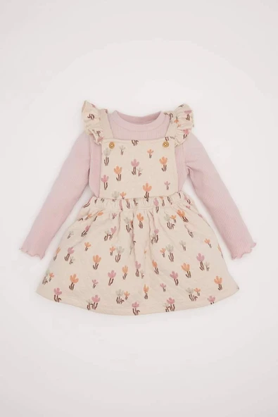 D7252 Kız Bebek 2'li Takım Çiçekli Fitilli Kaşkorse Uzun Kollu Basic Tişört Elbise ürün görseli 1