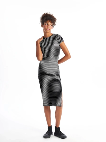 XSIDE SİYAH Bisiklet Yaka Çizgili Kısa Kollu Kadın Bodycon Elbise ürün görseli 1
