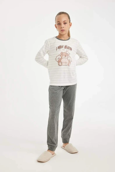 D2115 Pijama Takımı Ayı Baskılı Uzun Kollu Üst Uzun Alt ürün görseli 1