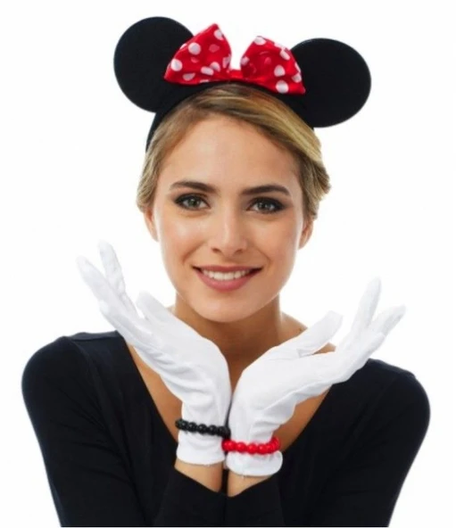 Kırmızı Fiyonklu Minnie Mouse Tacı ve Beyaz Eldiven Seti ürün görseli 1