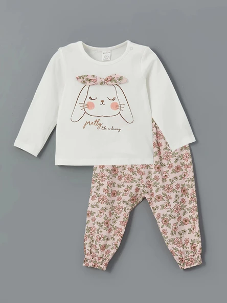 LCW baby EKRU Bisiklet Yaka Baskılı Kız Bebek Bluz ve Pantolon 2'li ürün görseli 1