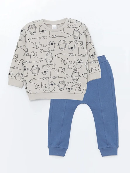 LCW baby GRİ Bisiklet Yaka Erkek Bebek Sweatshirt ve Pantolon 2'li Takım ürün görseli 1