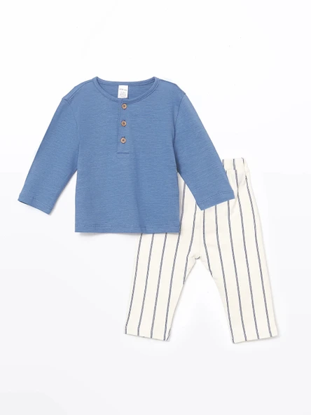 LCW baby MAVİ Bisiklet Yaka Basic Erkek Bebek Tişört ve Pantolon 2'li ürün görseli 1