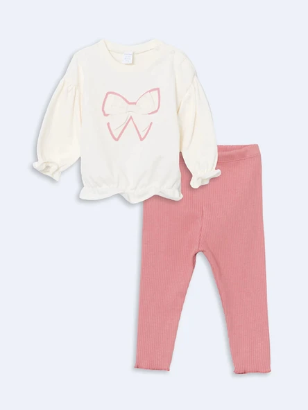 LCW baby Ekru Bisiklet Yaka Uzun Kollu Baskılı Kız Bebek Sweatshirt ve Tayt 2'li Takım ürün görseli 1