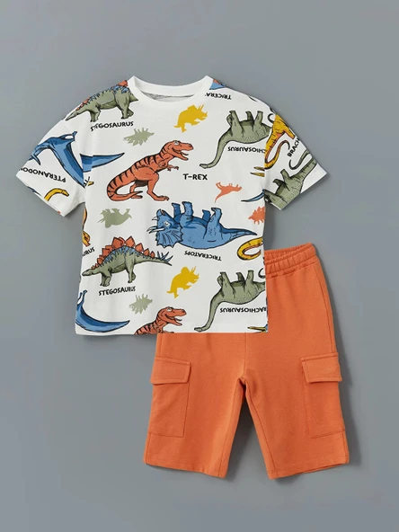 LCW Kids EKRU Bisiklet Yaka Baskılı Erkek Çocuk Tişört ve Şort 2'li ürün görseli 1
