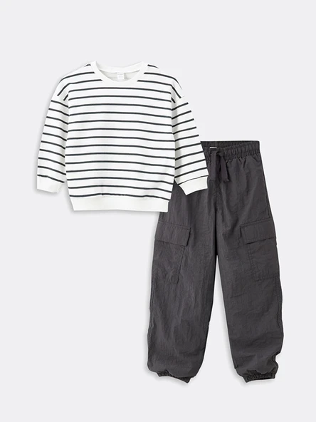LCW Kids Bej Bisiklet Yaka Çizgili Erkek Çocuk Sweatshirt ve Pantolon 2'li ürün görseli 1