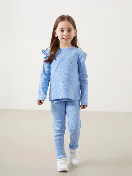 LCW Kids MAVİ Bisiklet Yaka Çiçekli Kız Çocuk Bluz ve Tayt 2'li ürün görseli 1