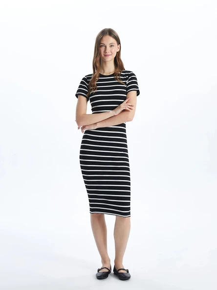 XSIDE SİYAH Bisiklet Yaka Çizgili Kadın Bodycon Elbise ürün görseli 1