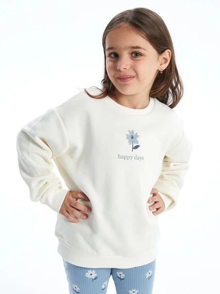 LCW Kids EKRU Bisiklet Yaka Çiçekli Kız Bebek Sweatshirt ve Tayt 2'li ürün görseli 1