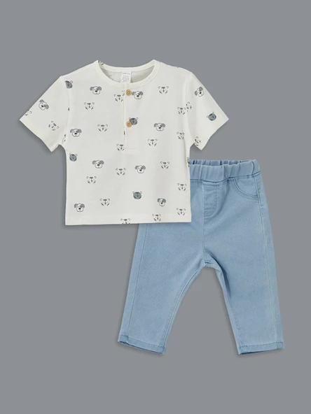 LCW baby EKRU Bisiklet Yaka Baskılı Erkek Bebek Tişört ve Pantolon 2'li ürün görseli 1