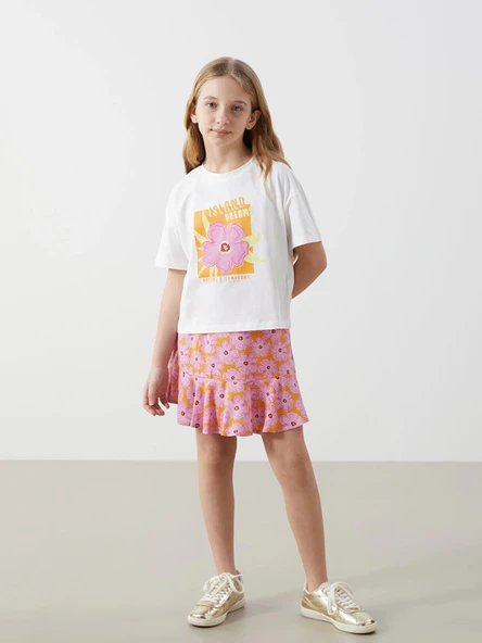 LCW Kids BEYAZ Bisiklet Yaka Çiçekli Kız Çocuk Tişört ve Etek ürün görseli 1