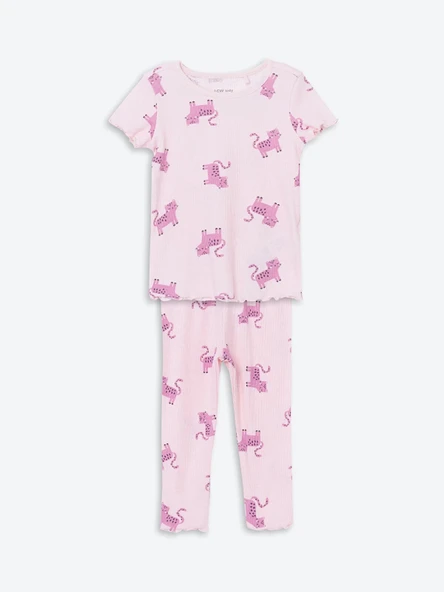 LCW baby PEMBE Bisiklet Yaka Baskılı Kız Bebek Pijama Takım ürün görseli 1