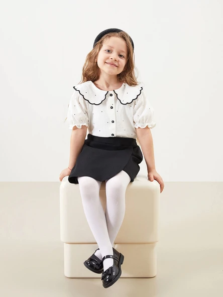LCW Kids EKRU Bebe Yaka Kız Çocuk Gömlek ve Şort Etek 2'li ürün görseli 1