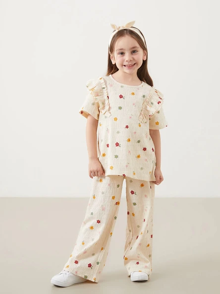 LCW Kids EKRU Bisiklet Yaka Çiçekli Kız Çocuk Bluz ve Pantolon 2'li ürün görseli 1