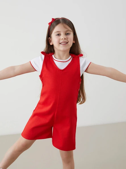 LCW Kids BEYAZ Bisiklet Yaka Kız Çocuk Tişört ve Tulum 2'li ürün görseli 1