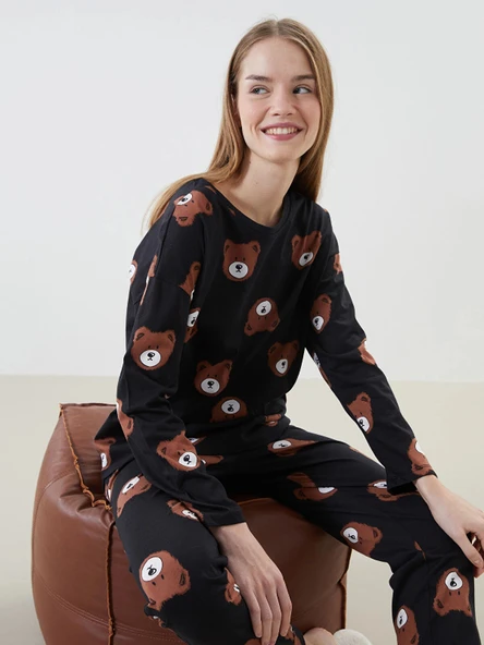 LCW Young SİYAH Bisiklet Yaka Baskılı Kadın Pijama Takımı ürün görseli 1