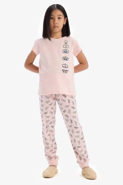 Defacto E2226 Pembe Kız Çocuk Looney Tunes Pijama Takımı Kısa Kollu Üst Beli Lastikli Uzun Alt ürün görseli 1