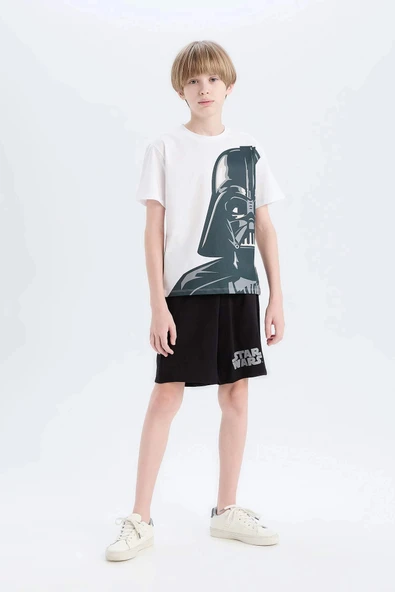 Defacto E0336 Beyaz Erkek Çocuk Star Wars Pijama Takımı Bisiklet Yaka Kısa Kollu Üst Beli Lastikli Şort ürün görseli 1