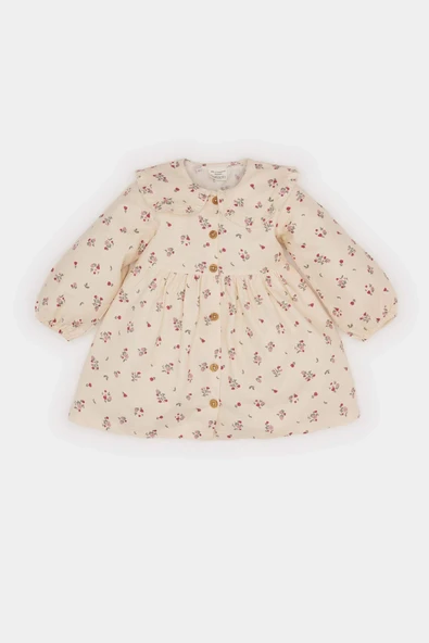 Defacto D9552 Bej Kız Bebek Çiçekli Uzun Kollu Twill Elbise ürün görseli 1