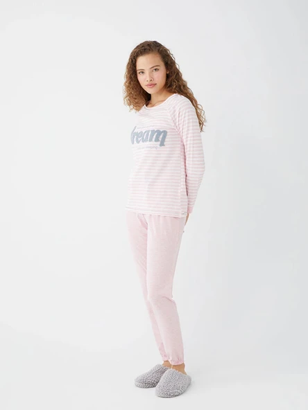 LCW DREAM Pembe Bisiklet Yaka Nakışlı Uzun Kollu Kadın Pijama Takımı ürün görseli 1