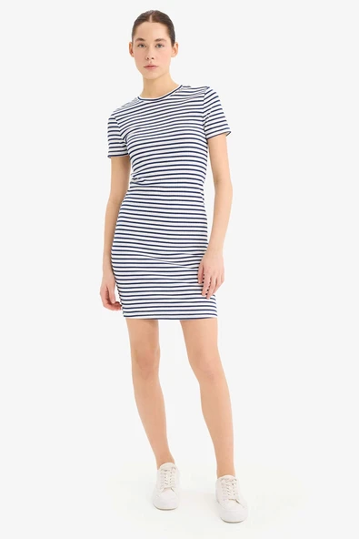 Defacto C1733 Lacivert Coool Bodycon Vücudu Saran Bisiklet Yaka Çizgili Fitilli Kaşkorse Kısa Kollu Mini Elbise ürün görseli 1