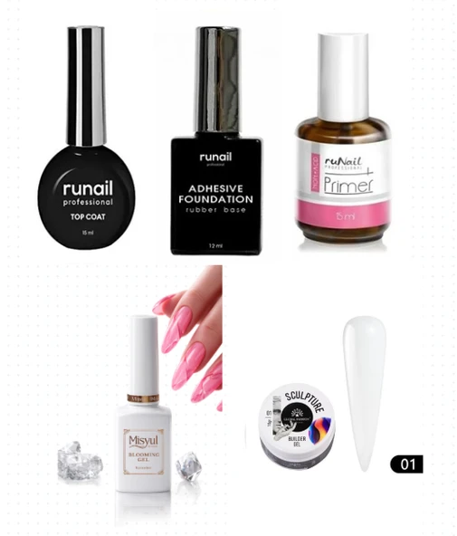 Kalıcı Oje Set 2 ( Runail Top + Base Coat + Primer 15ml) + Blooming Jel 15ml + Hamur Jeli 15ml Clear ürün görseli 1